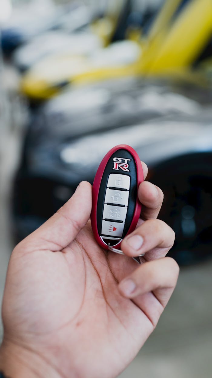 our-story A hand holding a sporty Nissan GT-R key fob with blurred luxury cars in the background.